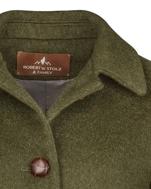 Olive loden wool coat, collar and horn button close-up