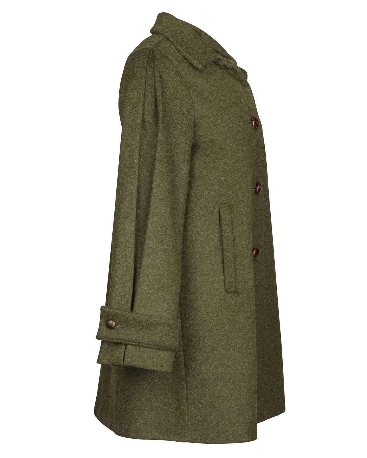 Olive loden wool coat, side profile on white background